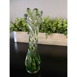 Vintage Swung Glass Bud Vase Emerald Green Twisted Rib Mid Century Modern 9 inch